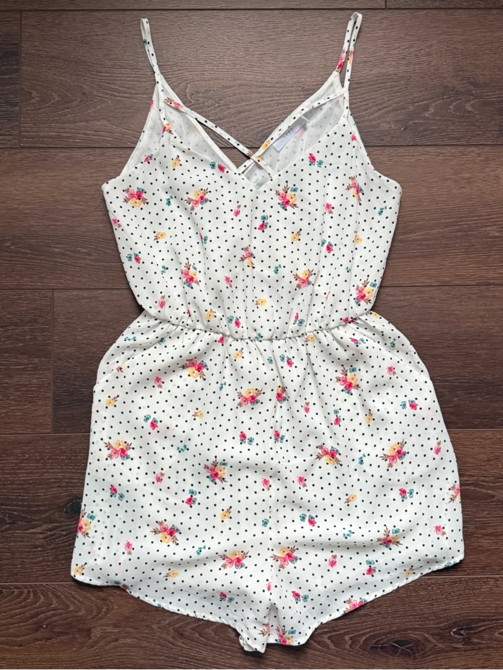 NWT Dry Goods Lush White Polka Dot Floral Spaghetti Strap Top